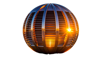Orb-shaped structure with metallic slats, bathed in warm, golden light