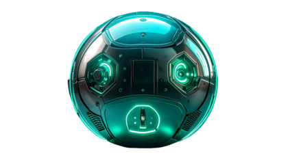 Spherical mechanical object glows with futuristic teal lights, isolated