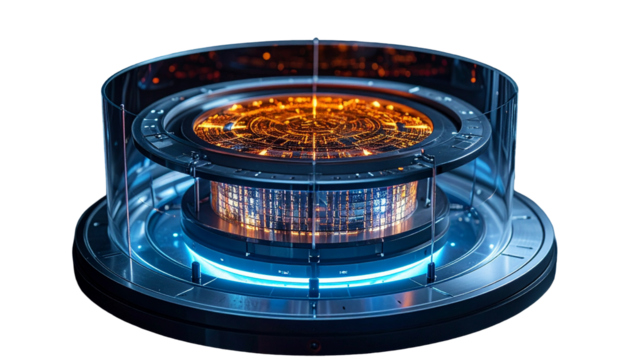 Futuristic tech display, glass casing, glowing circuits and core elements - Powered by Adobe