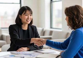 Two businesswomen shaking hands in a professional office setting during a meeting