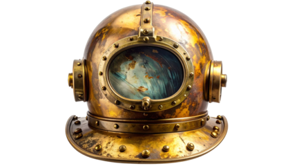 A weathered brass diving helmet with a peek into a watery world
