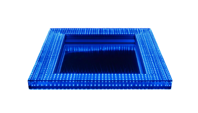 Square infinity illusion box with bright blue LED lighting, isolated - Powered by Adobe