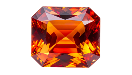Vivid, faceted gemstone with fiery orange and red hues against black