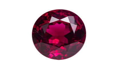 A faceted, vibrant red gemstone, glowing against a stark black backdrop