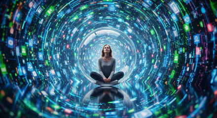 Woman meditating in a digital vortex of data streams and interconnected icons, representing the flow of information and digital consciousness