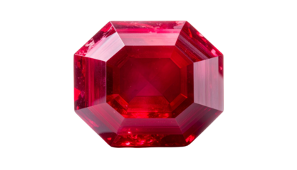 Vivid, octagon-cut gemstone, deep red, set against black background