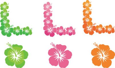 Colorful hibiscus flower corner borders and tropical floral elements set flat vector illustration for summer decoration isolated background © Arzina