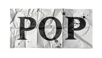 Bold "POP" text against a crumpled paper background with ink splatters