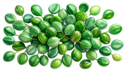 Illustration of a cluster of small, round, green leaves on brown stems