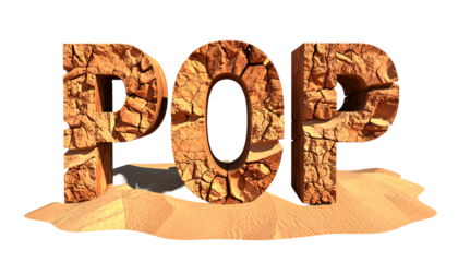 POP" letters textured to resemble cracked stone on a sandy surface
