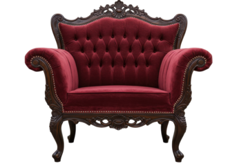 Ornate Maroon Velvet Armchair with Intricate Carved Wood Frame