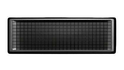 A dark rectangular display with a grid pattern and metallic frame