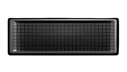 A dark rectangular display with a grid pattern and metallic frame