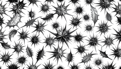 Abstract grayscale floral forms scattered on a dark background