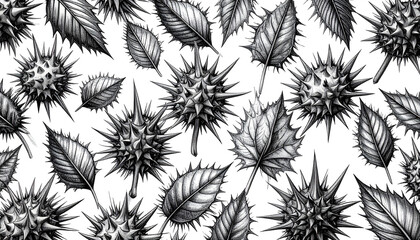 Detailed monochrome illustration of spiky seed pods and leaves