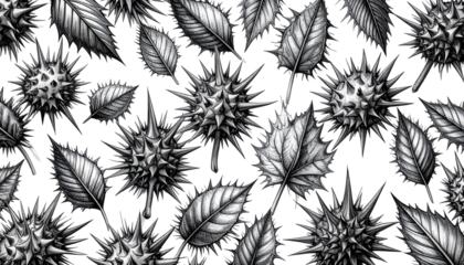 Detailed monochrome illustration of spiky seed pods and leaves