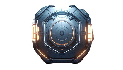 Metallic, octagonal sci-fi device with bright lighting and detailed design