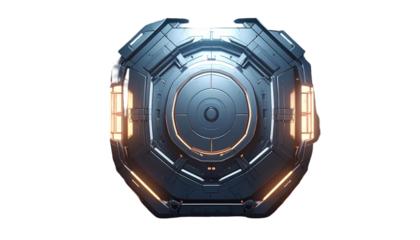 Metallic, octagonal sci-fi device with bright lighting and detailed design