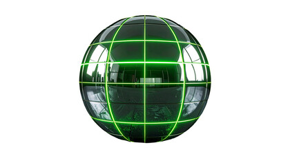 Shiny green sphere overlaid with a glowing grid, on a black background