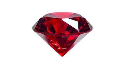 Faceted, red gemstone on black background, sparkling with highlights