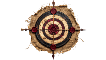 Rustic target with arrows piercing the burlap backing