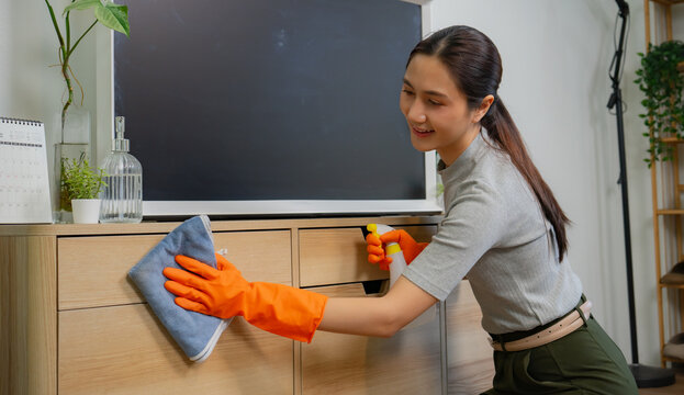 A smiling housewife wears gloves while cleaning the house, maintaining cleanliness, hygiene, service, and a comfortable living space within the home. - Powered by Adobe