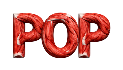 Bold text spelling "POP" with muscle anatomy textures on a black background