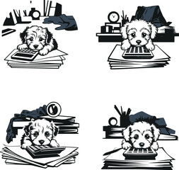 Adorable fluffy puppies appear busy working on calculators with stacks of paper and office supplies