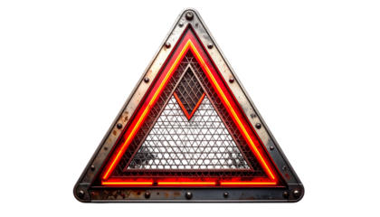 Metallic, layered triangle with red neon lights and a mesh interior