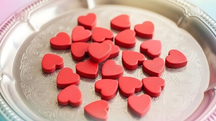 Red hearts scattered on a silver platter symbolizing love and affection in a romantic setting