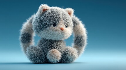 Adorable stuffed animal kitten on a bright blue background perfect for playful and child-friendly imagery
