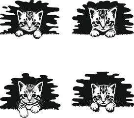 Adorable kittens with striped fur peeking out from a dark textured opening