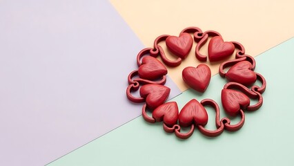 Six red hearts arranged in a circular pattern on a pastel background with chain links