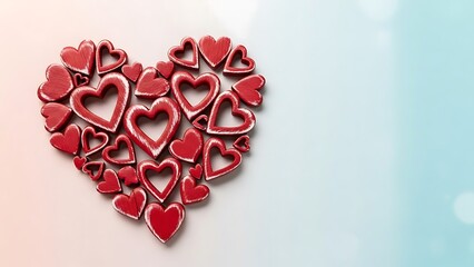 A collection of red hearts forming a larger heart shape on a pastel background