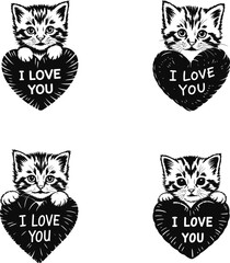 An adorable striped kitten peeks over a black heart saying I Love You