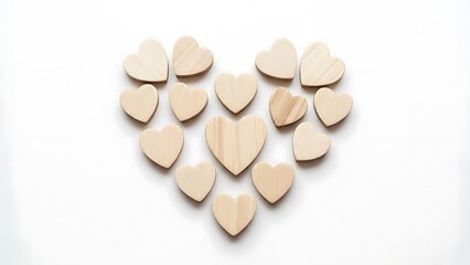 Multiple wooden hearts arranged in a heart shape on a white background, symbolizing love and affection, as seen in image 6 (35).jpg
