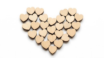 A collection of wooden hearts forming a larger heart shape on a white background viewed from above