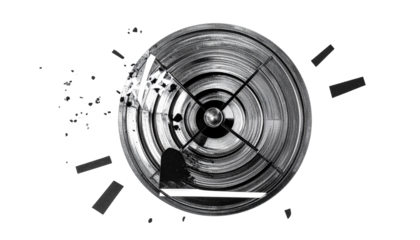 Broken target overlay, monochrome, with radiating marks and shattered pieces