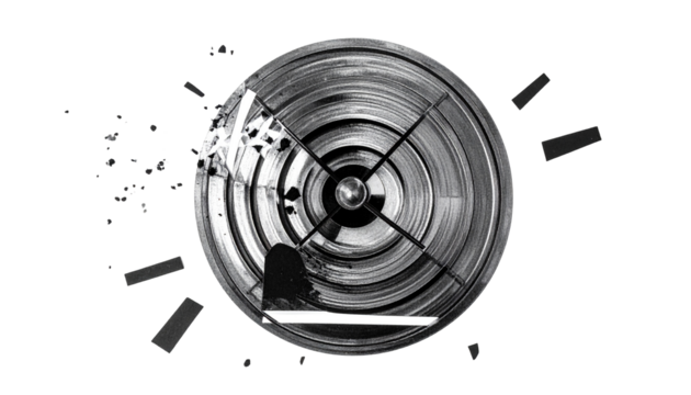Broken target overlay, monochrome, with radiating marks and shattered pieces - Powered by Adobe