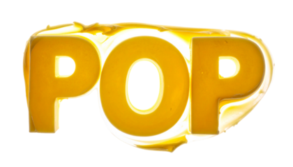 Bold, yellow letters spelling "POP" with glowing, liquid-like effect