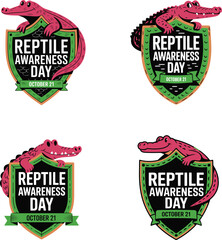 Cute cartoon alligator on a shield promoting Reptile Awareness Day on October 21