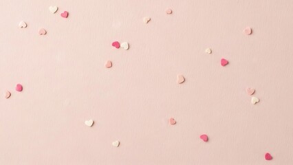 Scattered heart-shaped confetti on a soft pink background viewed from above