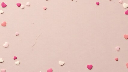 Scattered hearts on a soft pink background with a serene atmosphere and gentle emotions