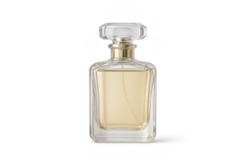 Luxury perfume bottle with golden liquid on transparent background