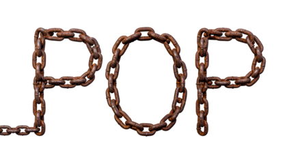 Word "POP" crafted from rusty chains against a stark black background