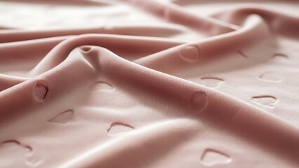 A close-up view of a pink fabric with water droplets on its surface, captured from a low angle, showcasing the texture and detail of the material.