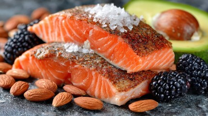 Delicious arrangement of salmon and nuts on a table highlighting nutrition and anti-inflammation focus for healthy living
