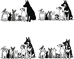 Diverse group of domestic pets and wildlife sitting together in a long horizontal line
