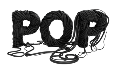 POP" spelled out in 3D using coiled, black electrical cables against black
