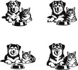 Friendly dog and cat companions sitting together with an empty food bowl